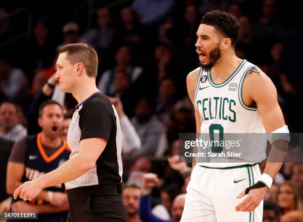 Jayson Tatum of the Boston Celtics reacts toward referee JB DeRosa after being ejected from the game during the second half against the New York...