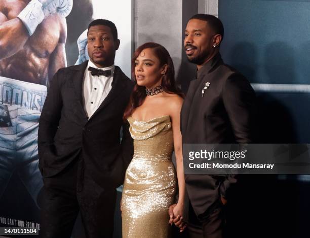Jonathan Majors, Tessa Thompson, and Michael B. Jordan attend the Los Angeles Premiere of "CREED III" at TCL Chinese Theatre on February 27, 2023 in...