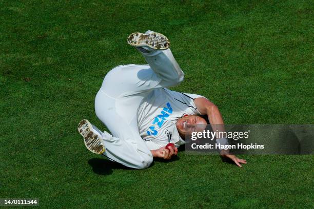 Neil Wagner of New Zealand takes a catch to dismiss Ben Foakes of England during day five of the Second Test Match between New Zealand and England at...