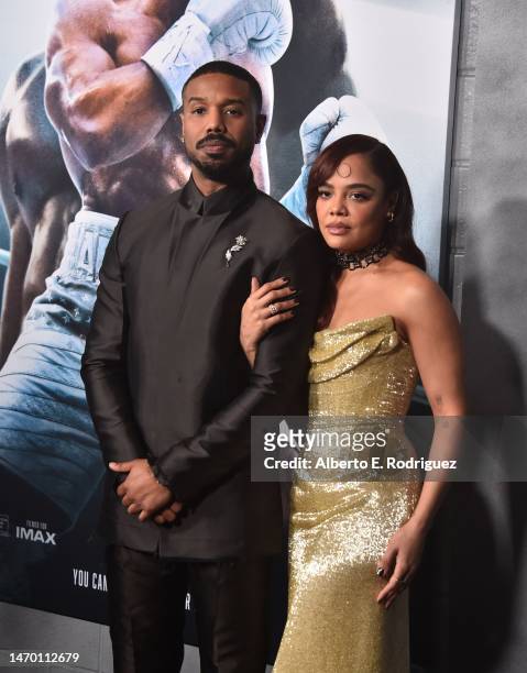 Michael B. Jordan and Tessa Thompson attend the Los Angeles Premiere of "CREED III" at TCL Chinese Theatre on February 27, 2023 in Hollywood,...