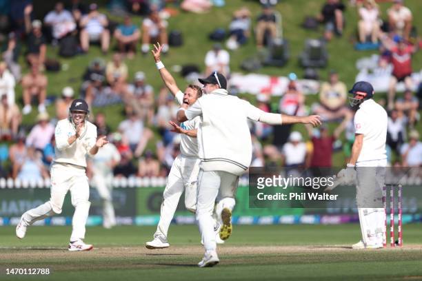 Neil Wagner of New Zealand celebrates his wicket of James Anderson of England during day five of the Second Test Match between New Zealand and...
