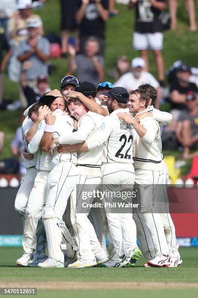 New Zealand celebrate their win on the final wicket during day five of the Second Test Match between New Zealand and England at Basin Reserve on...