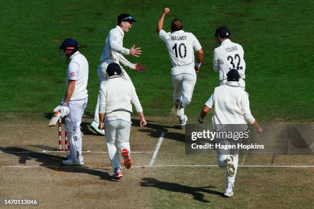 Neil Wagner of New Zealand celebrate the wicket of during day five of the Second Test Match between New Zealand and England at Basin Reserve on...