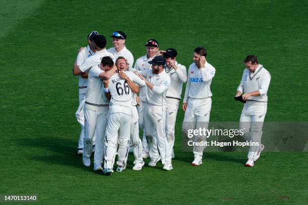 New Zealand players celebrate the win on day five of the Second Test Match between New Zealand and England at Basin Reserve on February 28, 2023 in...