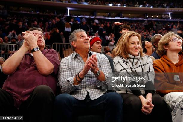 Actors Steve Schrippa and Edie Falco attend the game between the New York Knicks and the Boston Celtics at Madison Square Garden on February 27, 2023...