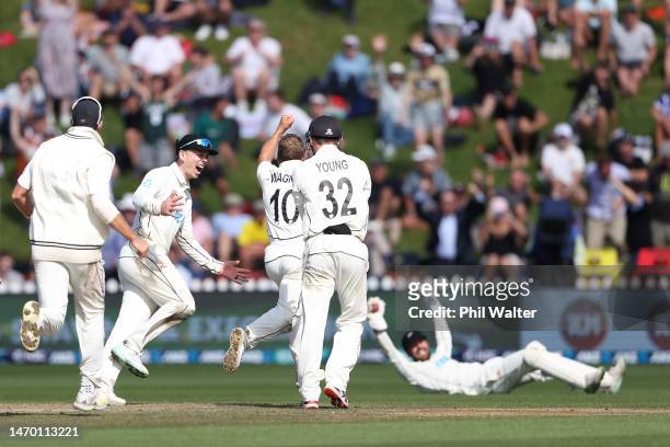 Neil Wagner of New Zealand celebrates his wicket of James Anderson of England caught by Tom Blundell during day five of the Second Test Match between...