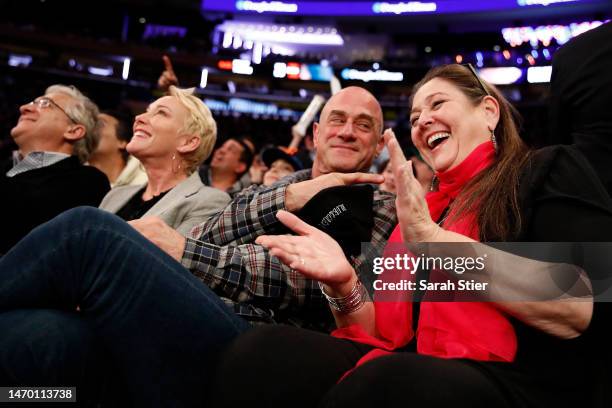 Actors Christopher Meloni and Camryn Manheim attend the game between the New York Knicks and the Boston Celtics at Madison Square Garden on February...