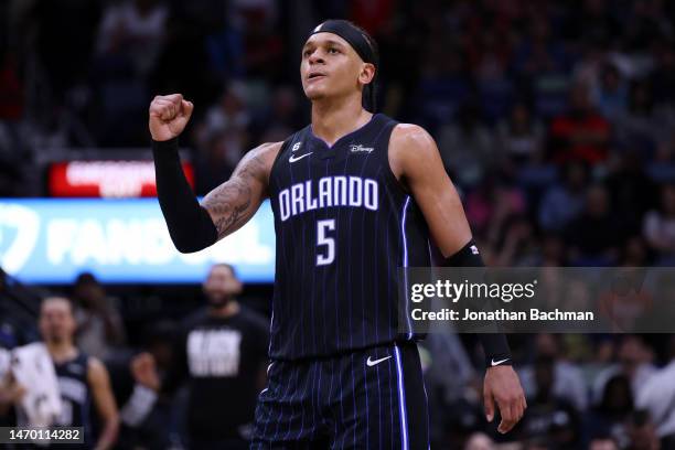 Paolo Banchero of the Orlando Magic celebrates during the second half against the New Orleans Pelicans at the Smoothie King Center on February 27,...