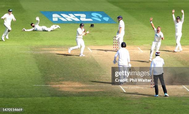 Neil Wagner of New Zealand celebrates his wicket of James Anderson of England caught by Tom Blundell during day five of the Second Test Match between...