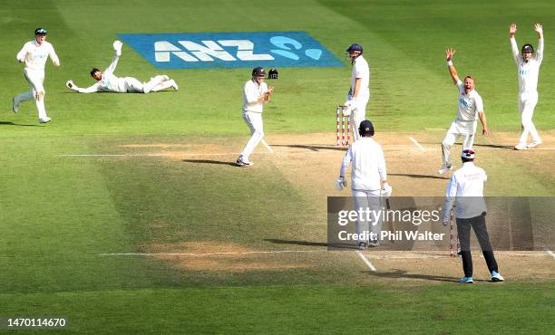 Neil Wagner of New Zealand celebrates his wicket of James Anderson of England caught by Tom Blundell during day five of the Second Test Match between...