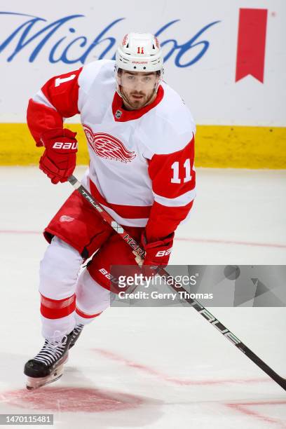 Filip Zadina of the Detroit Red Wings skates up ice against the Calgary Flames at Scotiabank Saddledome on February 16, 2023 in Calgary, Alberta,...