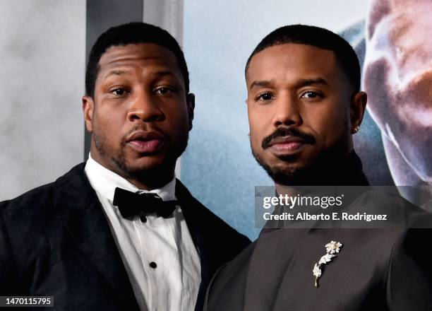 Jonathan Majors and Michael B. Jordan attend the Los Angeles Premiere of "CREED III" at TCL Chinese Theatre on February 27, 2023 in Hollywood,...