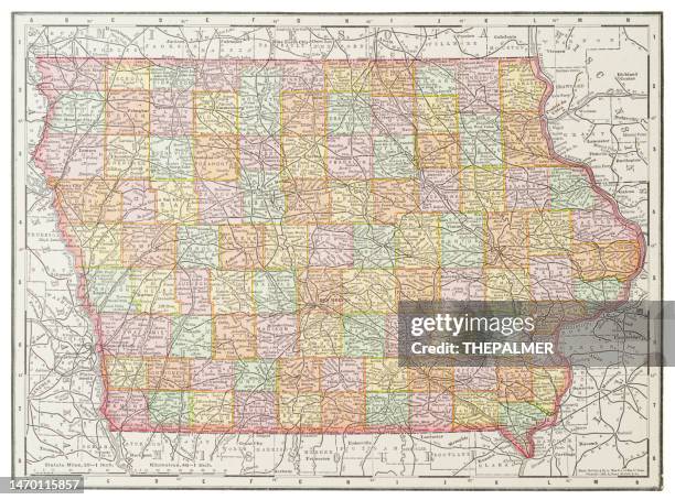 map of the state of iowa, usa 1899 - columbus ohio map stock illustrations