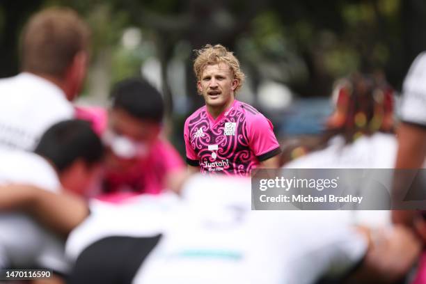 Damian McKenzie looks on during a Chiefs Super Rugby Pacific training session at the Chiefs Training Ground on February 28, 2023 in Hamilton, New...