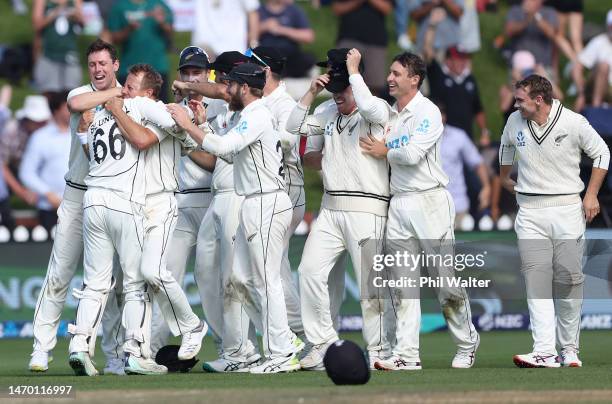 New Zealand celebrate their win on the final wicket during day five of the Second Test Match between New Zealand and England at Basin Reserve on...