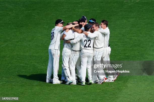 New Zealand players celebrate the win on day five of the Second Test Match between New Zealand and England at Basin Reserve on February 28, 2023 in...