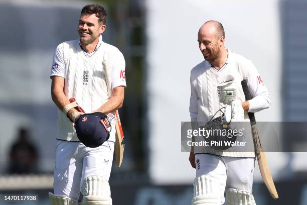 James Anderson and Jack Leach of England leave the field at the end day five of the Second Test Match between New Zealand and England at Basin...