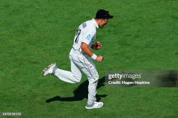 Neil Wagner of New Zealand celebrates after taking a catch to dismiss Ben Foakes of England during day five of the Second Test Match between New...