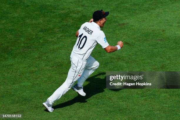 Neil Wagner of New Zealand celebrates after taking a catch to dismiss Ben Foakes of England during day five of the Second Test Match between New...