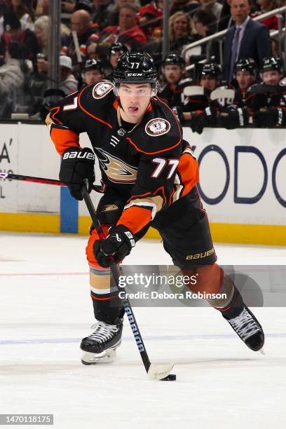 Frank Vatrano of the Anaheim Ducks skates with the puck during the first period against the Chicago Blackhawks at Honda Center on February 27, 2023...