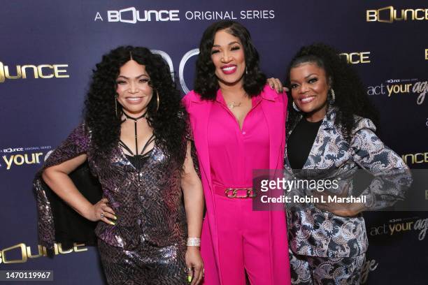 Tisha Campbell, Kym Whitley and Yvette Nicole Brown attend the official premiere screening of Bounce TV's "Act Your Age" at The London West Hollywood...