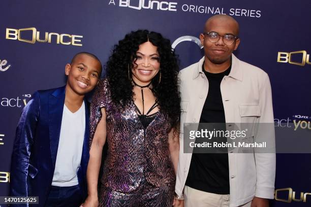 Tisha Campbell and children Ezekiel Czar Martin and Xen Martin attend the official premiere screening of Bounce TV's "Act Your Age" at The London...