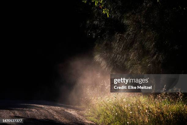 dirt track with dust in the air - schwache beleuchtung stock-fotos und bilder