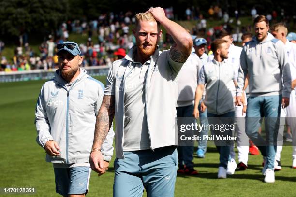 England coach Brendon McCullum and captain Ben Stokes leave the field at the end day five of the Second Test Match between New Zealand and England at...