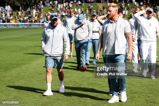England coach Brendon McCullum and captain Ben Stokes leave the field at the end day five of the Second Test Match between New Zealand and England at...