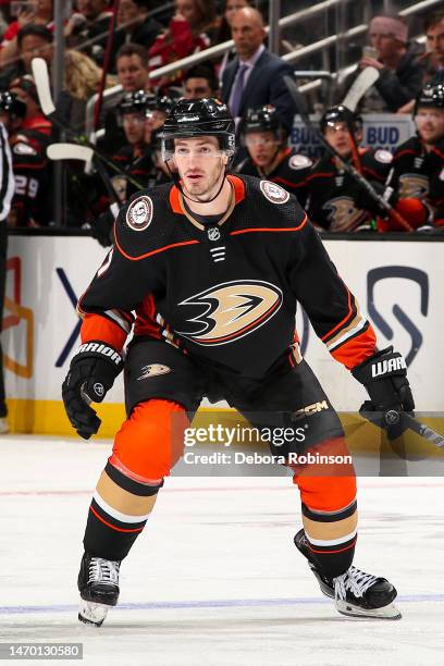 Jayson Megna of the Anaheim Ducks skates on the ice during the third period against the Chicago Blackhawks at Honda Center on February 27, 2023 in...