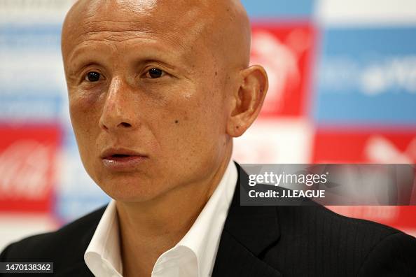 Head coach Kazuaki Tasaka of Oita Trinita attends a press conference