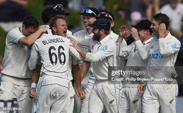 Neil Wagner with Tom Blundell after the dismissal of James Anderson as New Zealand won the Second Test Match between New Zealand and England by one...