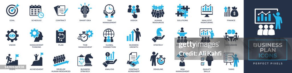 Businessplan-Symbole gesetzt. Enthält Zeitplan, Plan, Frist, Aufgabe, Analyse, Schritt, Leistung und eine solidere Symbolsammlung. Vektordarstellung. Für Website-Design, Logo, App, Vorlage, Benutzeroberfläche usw.