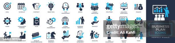 business plan icons set. containing schedule, plan, deadline, task, analysis, step, achievement and more solid icons collection. vector illustration. for website design, logo, app, template, ui, etc. - learning objectives icon stock illustrations