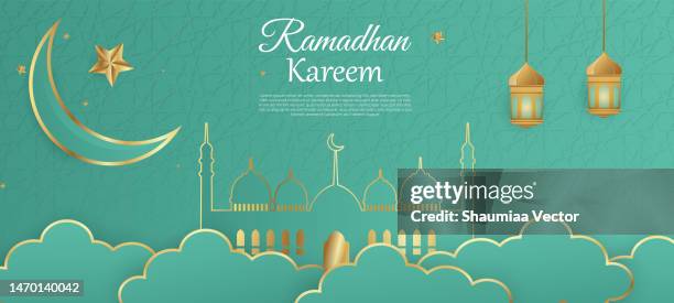 stockillustraties, clipart, cartoons en iconen met islamic mosque with moon, stars, lanterns and clouds at night. ramadan kareem greeting banner template vector - hari raya