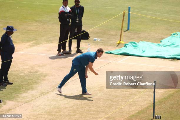 Steve Smith of Australia inspects the pitch prior to an Australia Test squad training session at Holkare Stadium on February 28, 2023 in Indore,...