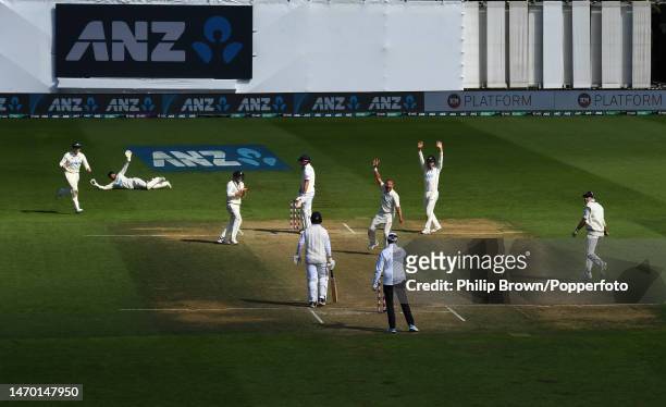 Neil Wagner appeals after James Anderson is caught by Tom Blundell and New Zealand win the Second Test Match between New Zealand and England by one...