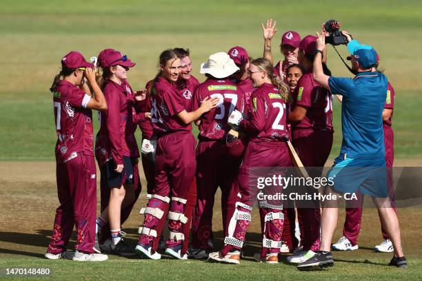 Queensland celebrate winning the womens final match between Queensland and New South Wales during the 2023 National Indigenous Championships at...