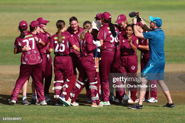 Queensland celebrate winning the womens final match between Queensland and New South Wales during the 2023 National Indigenous Championships at...