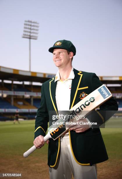 Steve Smith of Australia poses prior to an Australia Test squad training session at Holkare Stadium on February 28, 2023 in Indore, India.