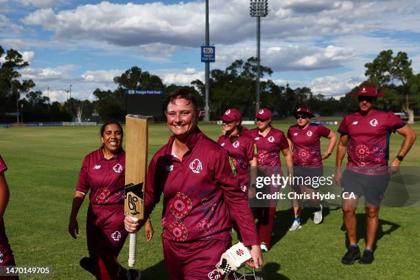 Queensland celebrate winning the womens final match between Queensland and New South Wales during the 2023 National Indigenous Championships at...