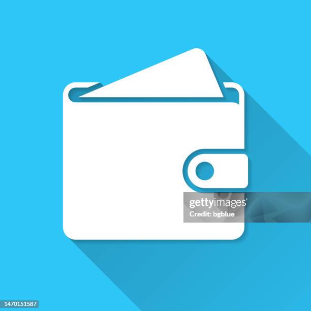 brieftasche. symbol auf blauem hintergrund - flaches design mit langem schatten - brieftasche stock-grafiken, -clipart, -cartoons und -symbole