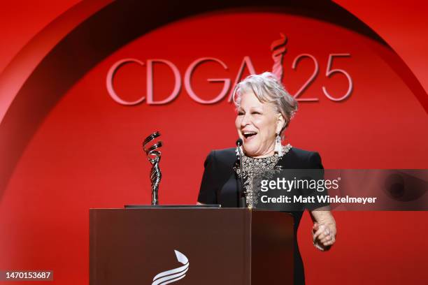 Bette Midler accepts the Collaborator award onstage during the 25th Annual Costume Designers Guild Awards at Fairmont Century Plaza on February 27,...