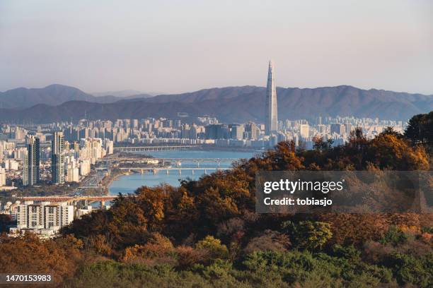 lotte world tower in seoul, südkorea - han river stock-fotos und bilder