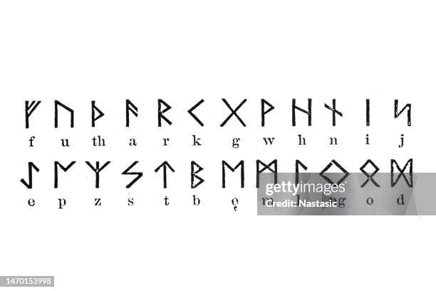 the common germanic runic alphabet - norse gods stock illustrations