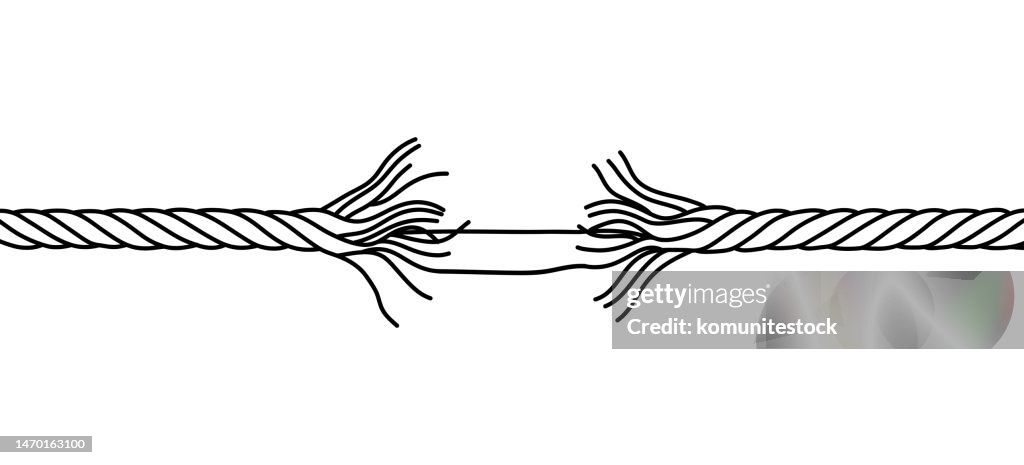 Ausgefranstes Seil kurz davor, Concept Doodle zu brechen. Handgezeichneter Symbolvektor