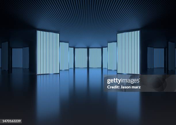 abstract futuristic geometric neon light background - prospettiva lineare foto e immagini stock
