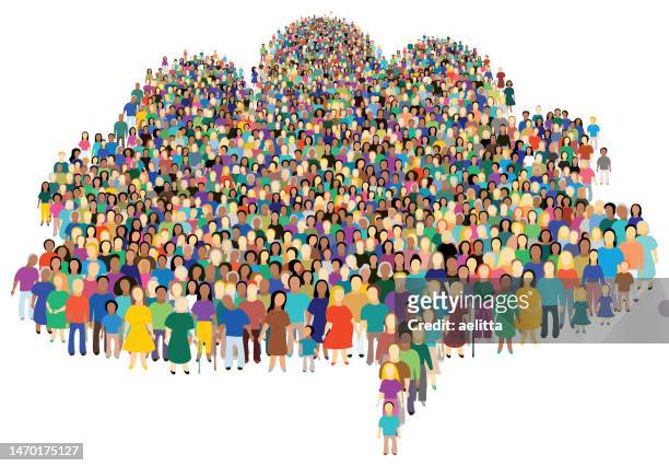 vector illustration of large group of people, which contains icons of women, men, children, families, seniors. speech bubble. - family stock illustrations
