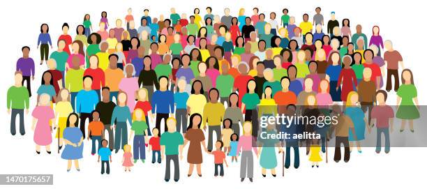 vector illustration of large group of people, which contains icons of women, men, children, families, seniors. - ethnicity infographic stock illustrations