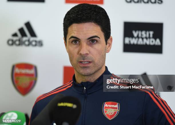 Arsenal manager Mikel Arteta attends a press conference at London Colney on February 28, 2023 in St Albans, England.